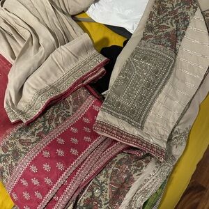 Beige and Red Embroidered Fabric